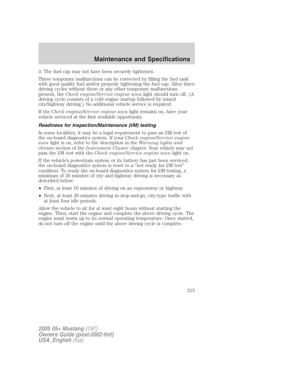 Maintenance and specifications | FORD 2005 Mustang v.1 User Manual | Page 215 / 240