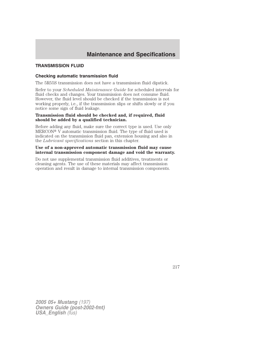Maintenance and specifications | FORD 2005 Mustang v.1 User Manual | Page 217 / 240
