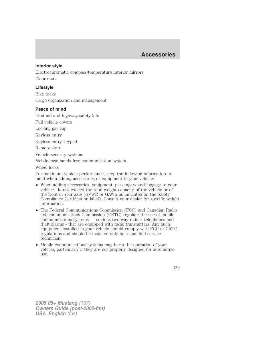 Accessories | FORD 2005 Mustang v.1 User Manual | Page 229 / 240
