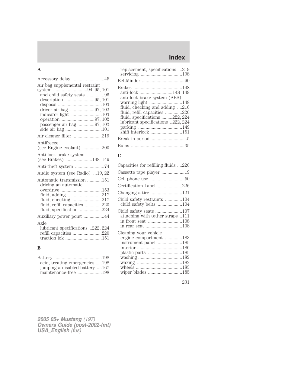 Index | FORD 2005 Mustang v.1 User Manual | Page 231 / 240