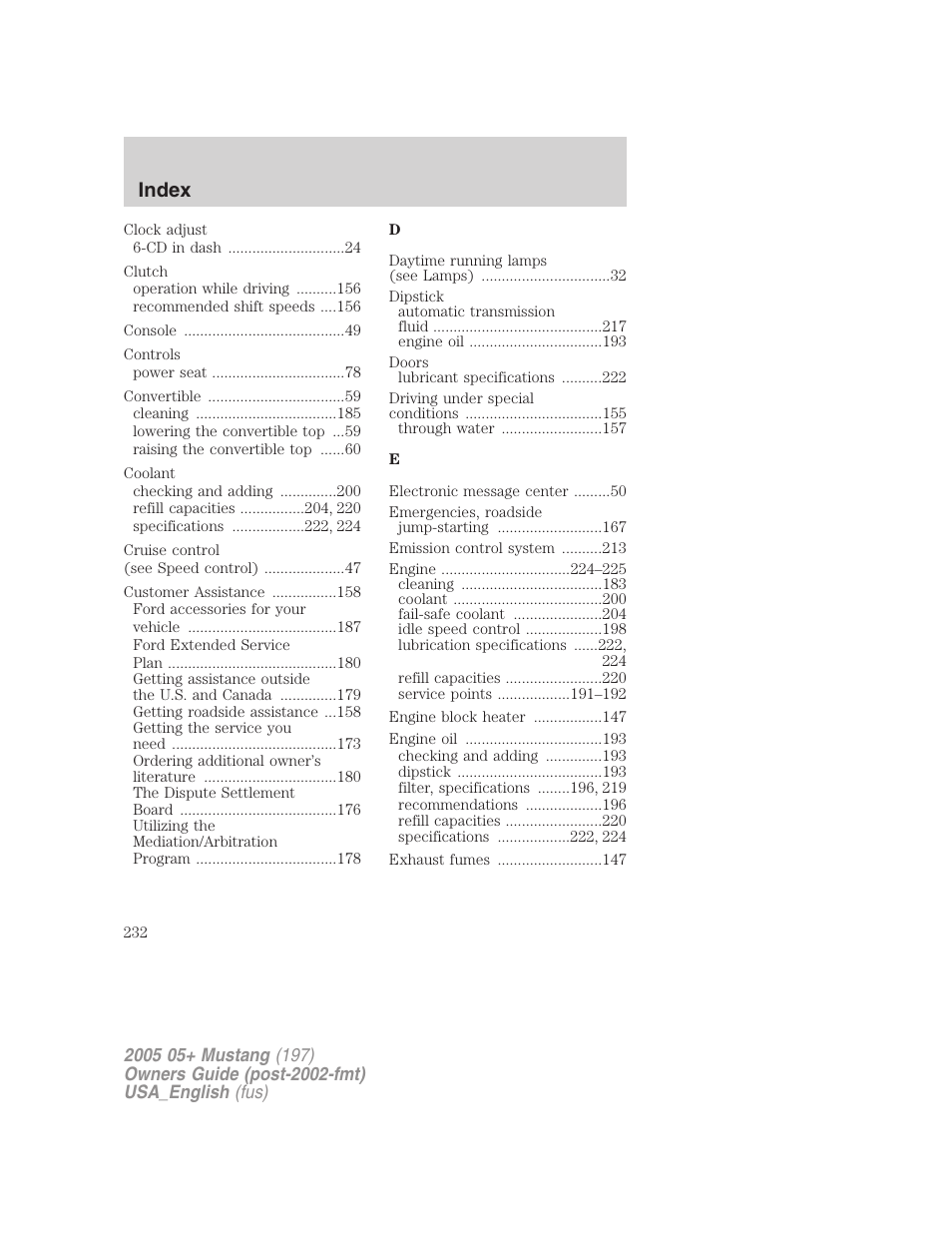 Index | FORD 2005 Mustang v.1 User Manual | Page 232 / 240