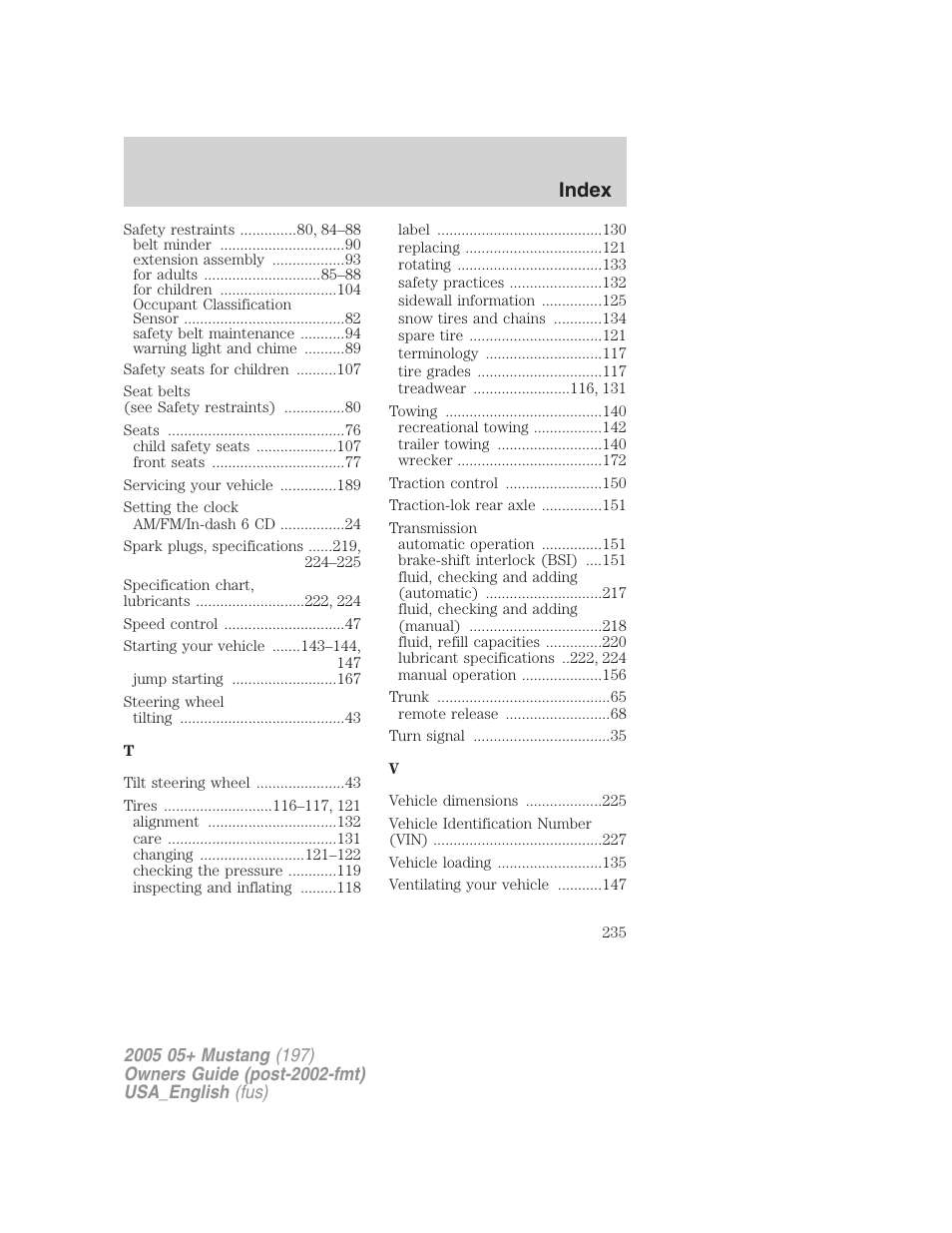 Index | FORD 2005 Mustang v.1 User Manual | Page 235 / 240