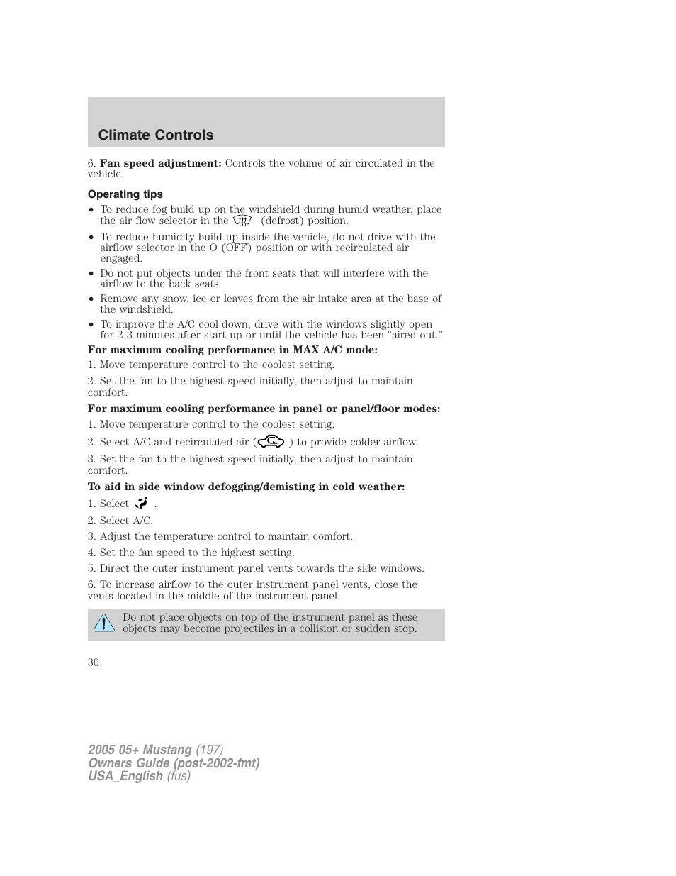 Climate controls | FORD 2005 Mustang v.1 User Manual | Page 30 / 240
