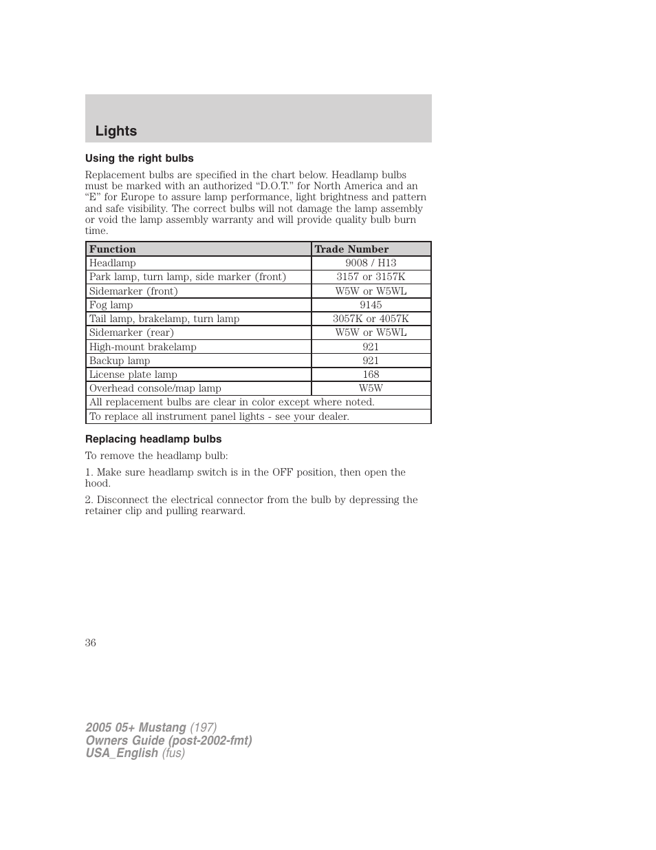 Lights | FORD 2005 Mustang v.1 User Manual | Page 36 / 240