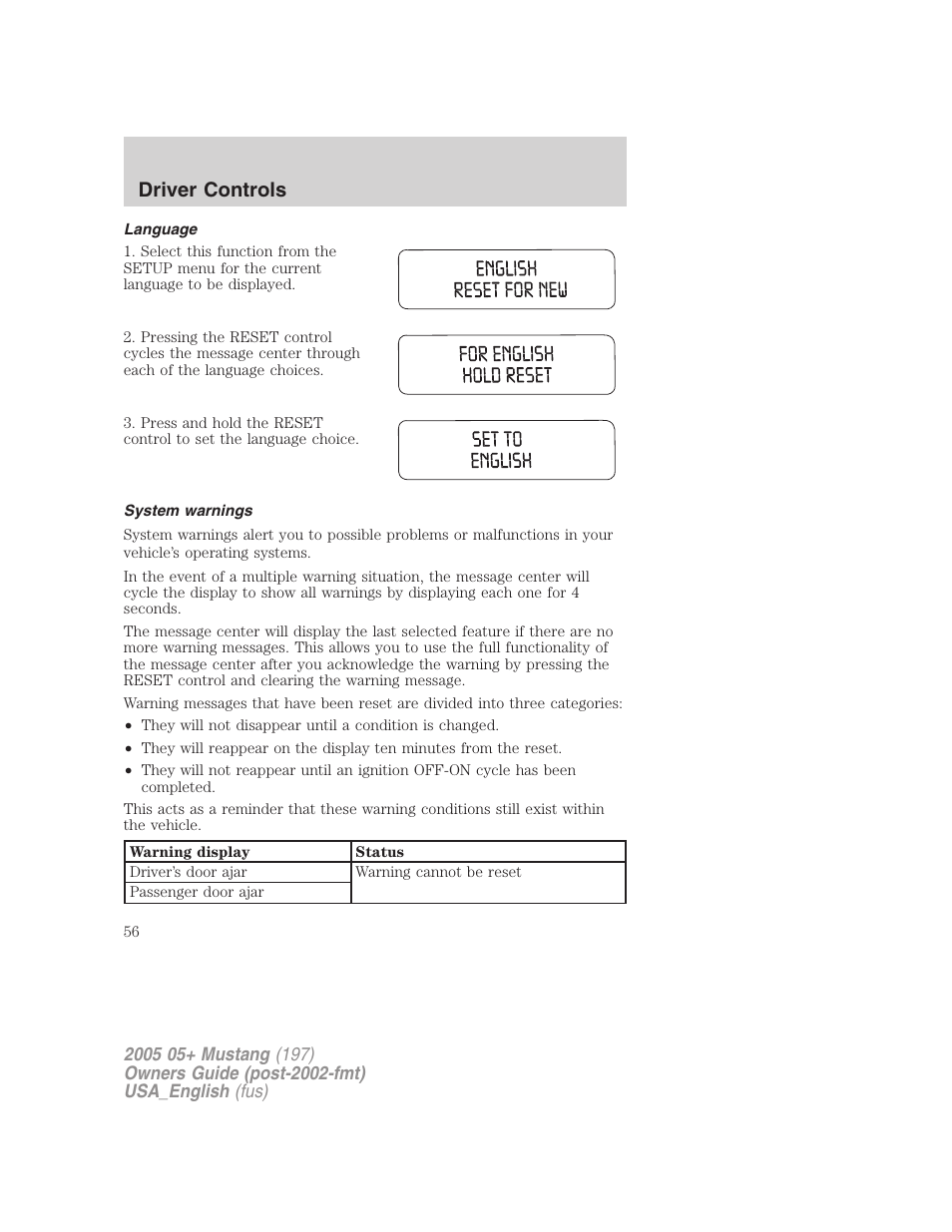 Driver controls | FORD 2005 Mustang v.1 User Manual | Page 56 / 240