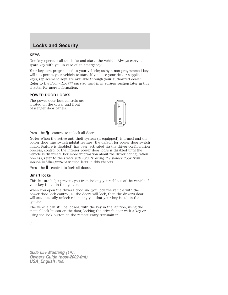 Locks and security | FORD 2005 Mustang v.1 User Manual | Page 62 / 240