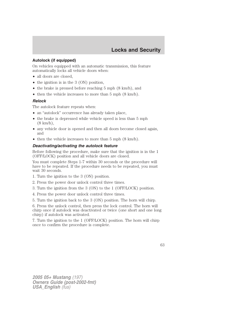 Locks and security | FORD 2005 Mustang v.1 User Manual | Page 63 / 240