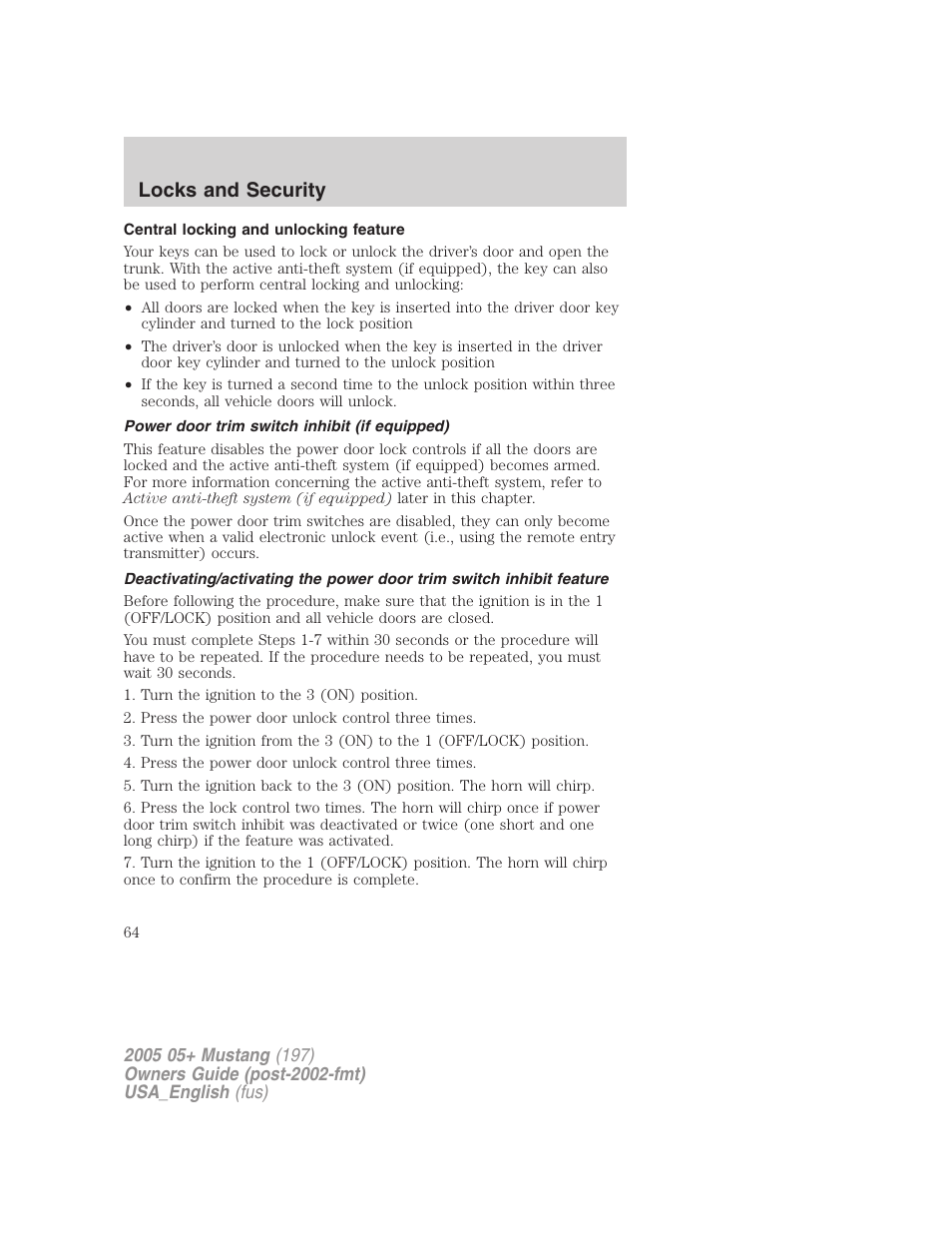 Locks and security | FORD 2005 Mustang v.1 User Manual | Page 64 / 240