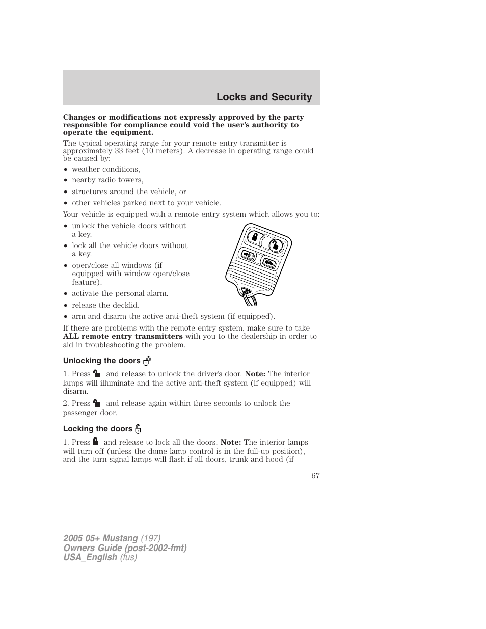 Locks and security | FORD 2005 Mustang v.1 User Manual | Page 67 / 240