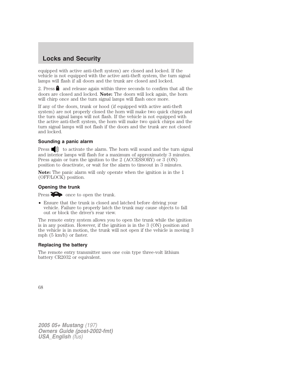 Locks and security | FORD 2005 Mustang v.1 User Manual | Page 68 / 240