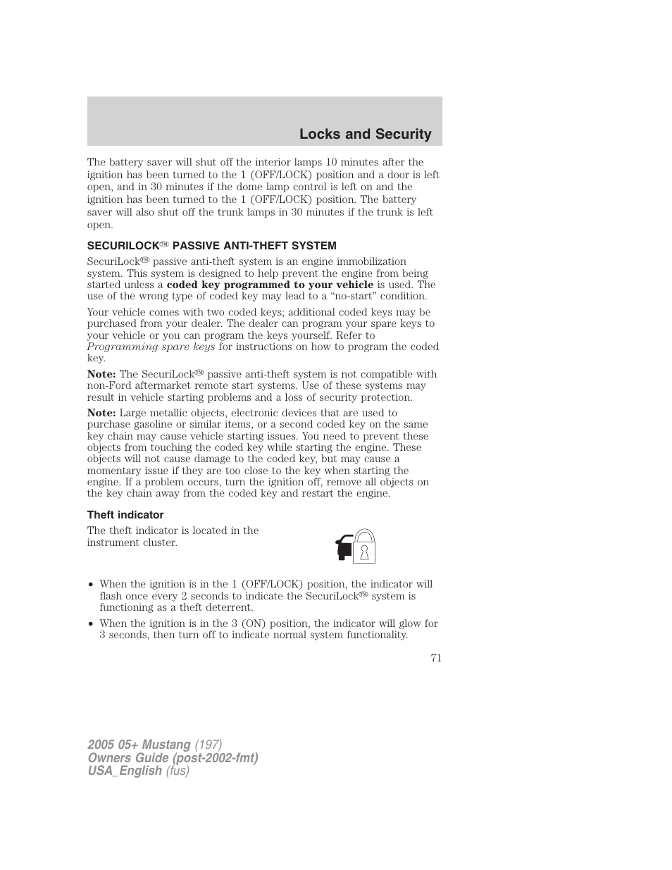 Locks and security | FORD 2005 Mustang v.1 User Manual | Page 71 / 240