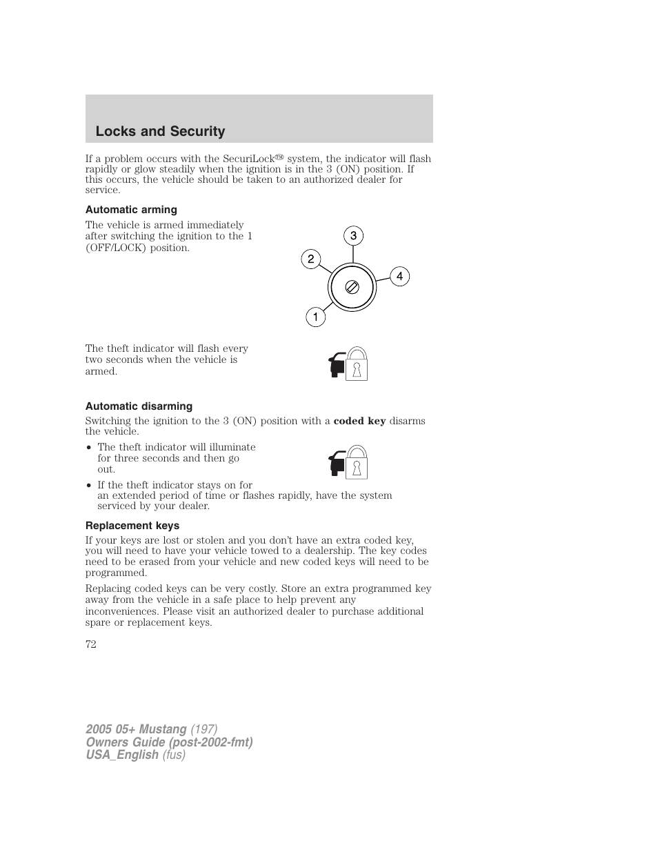 Locks and security | FORD 2005 Mustang v.1 User Manual | Page 72 / 240