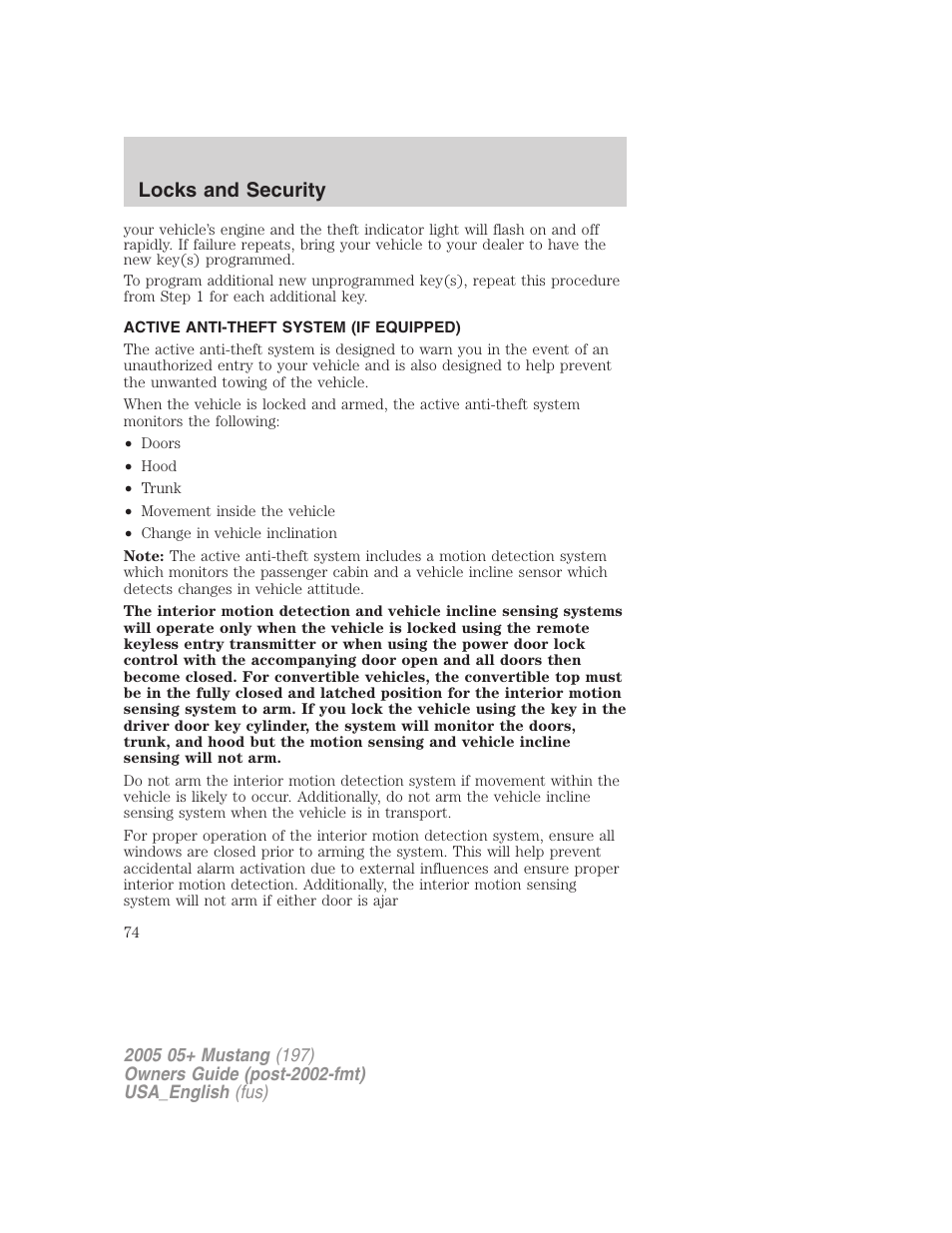 Locks and security | FORD 2005 Mustang v.1 User Manual | Page 74 / 240