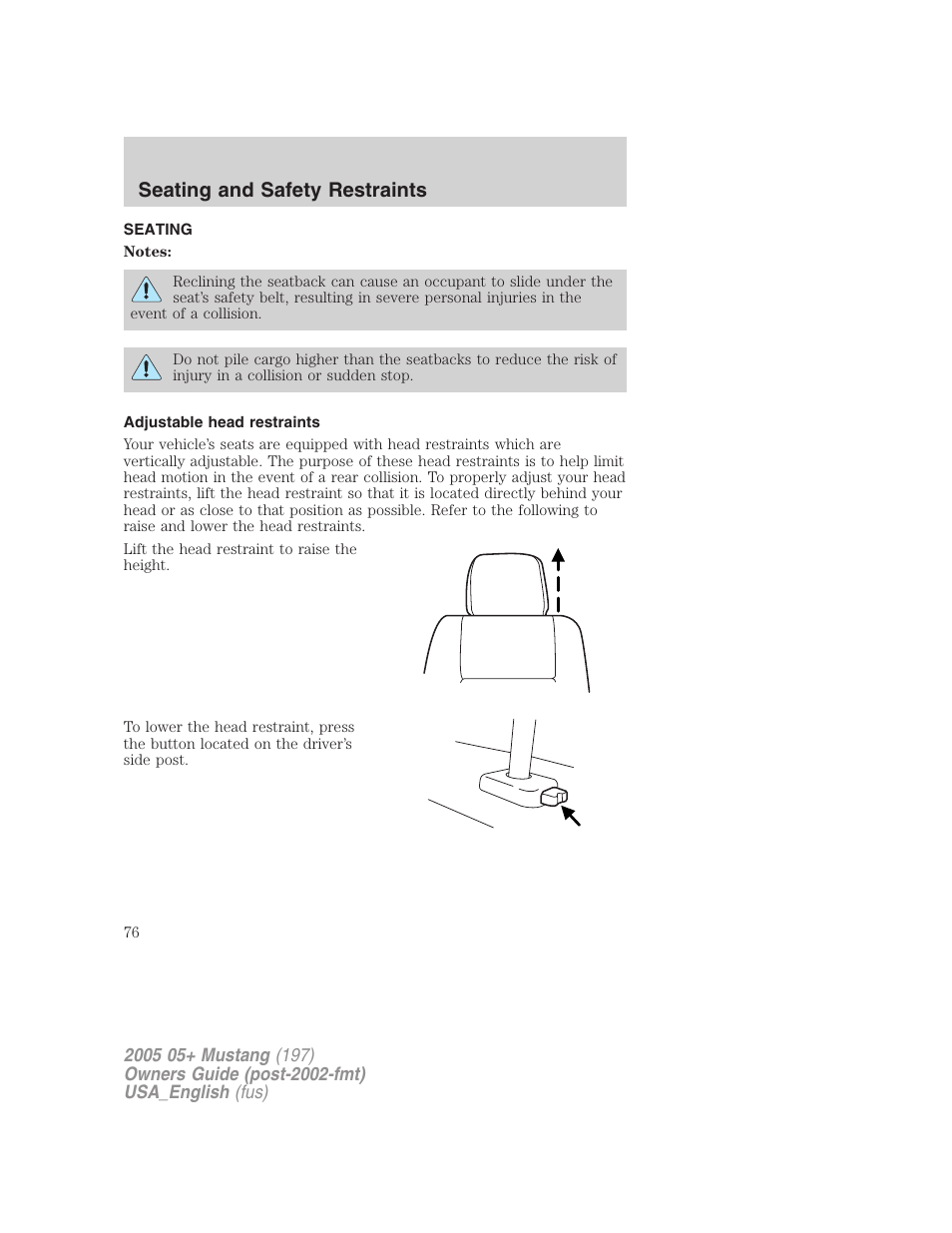 Seating and safety restraints | FORD 2005 Mustang v.1 User Manual | Page 76 / 240
