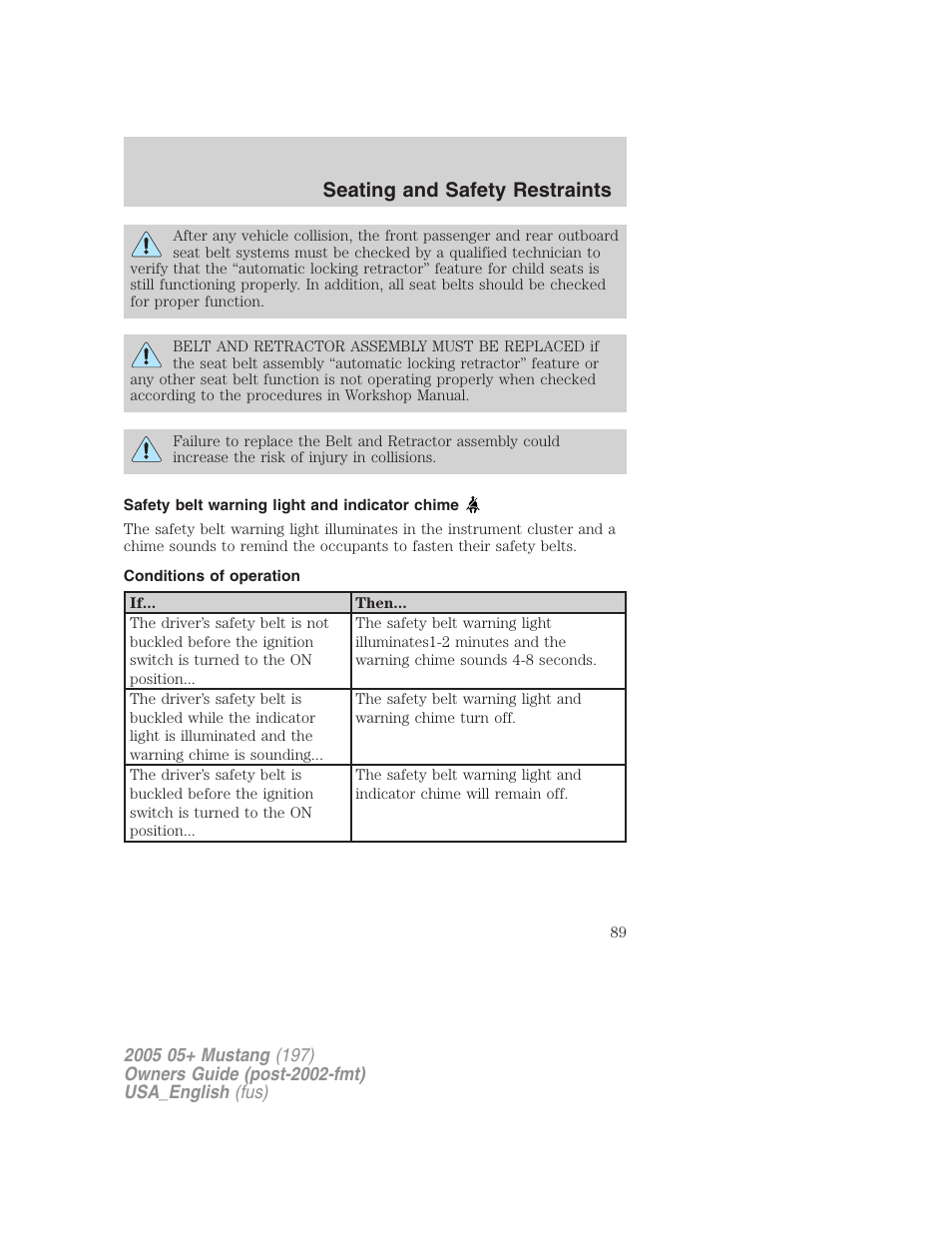 Seating and safety restraints | FORD 2005 Mustang v.1 User Manual | Page 89 / 240