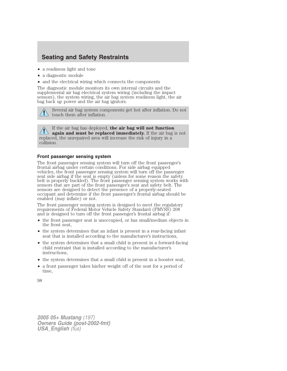 Seating and safety restraints | FORD 2005 Mustang v.1 User Manual | Page 98 / 240