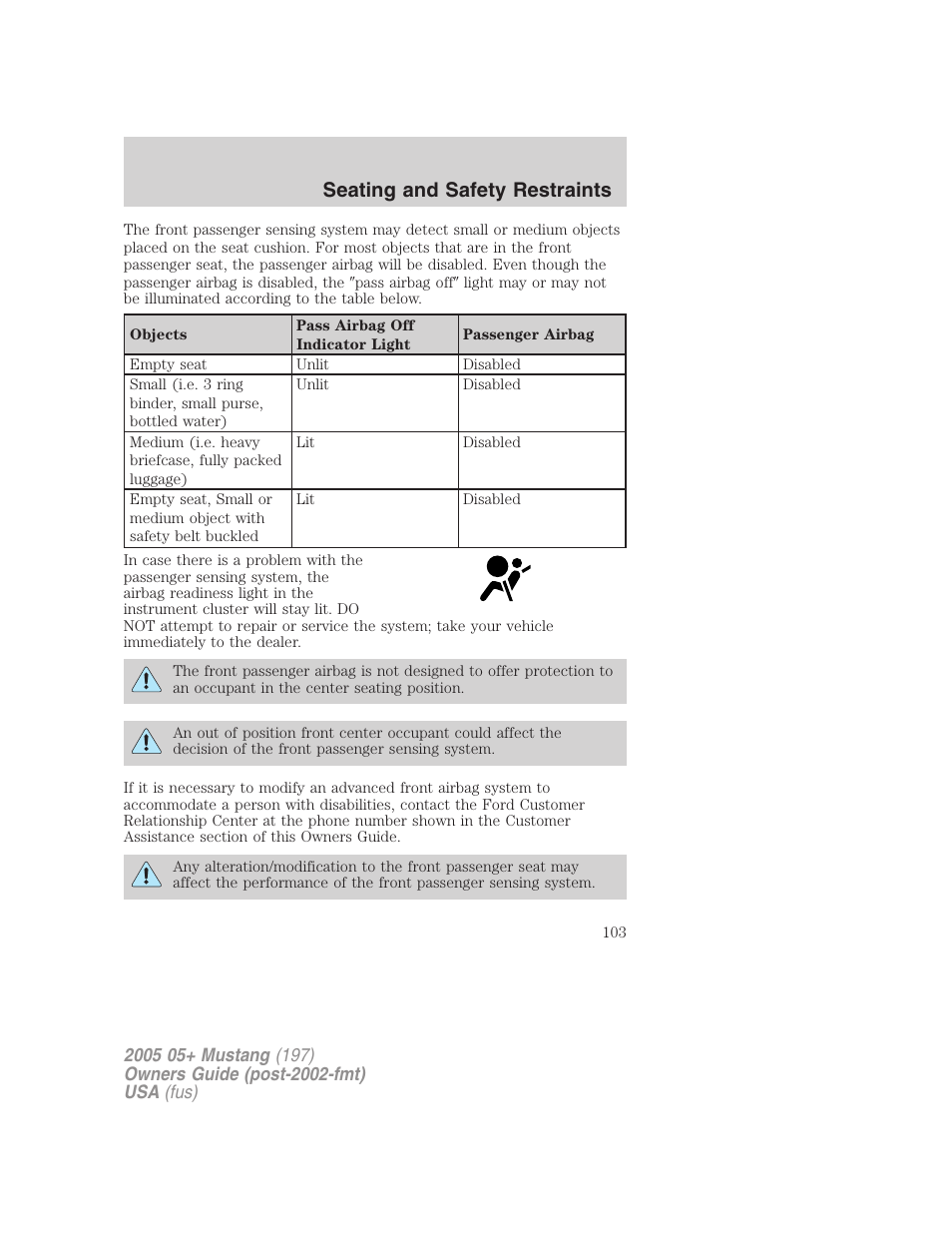 Seating and safety restraints | FORD 2005 Mustang v.2 User Manual | Page 103 / 248