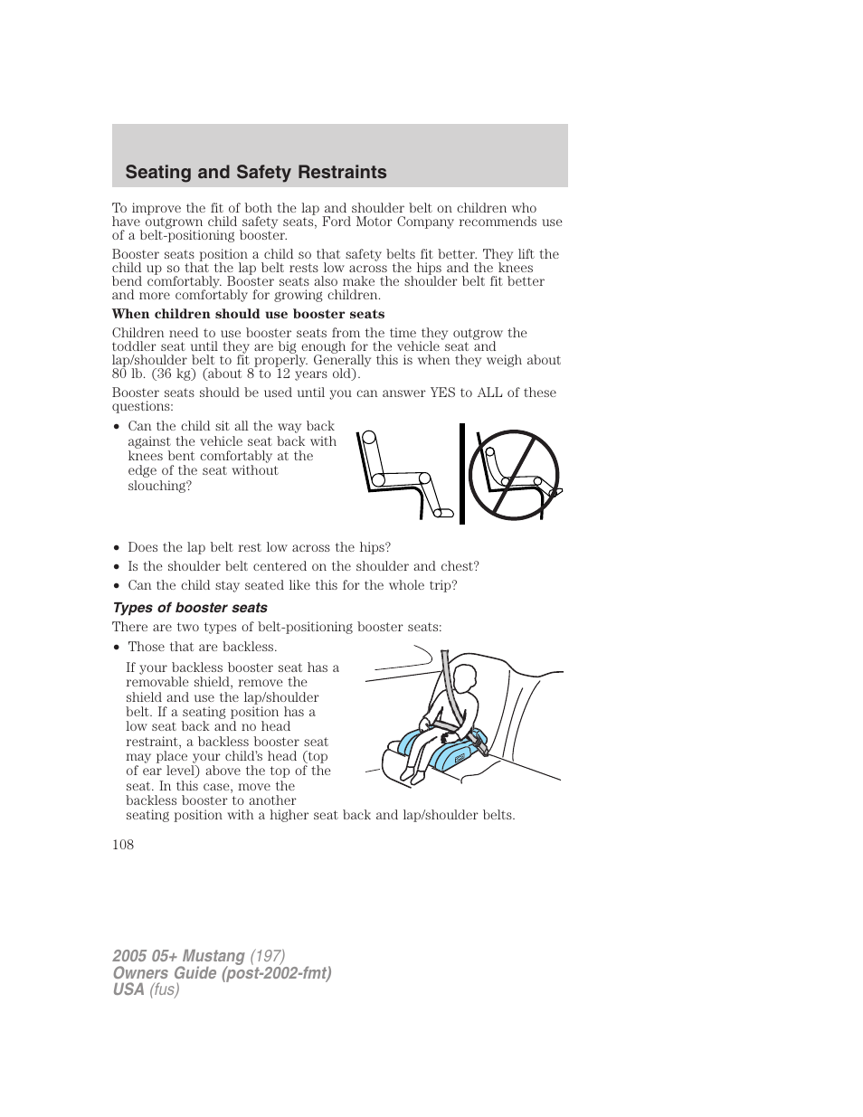 Types of booster seats, Seating and safety restraints | FORD 2005 Mustang v.2 User Manual | Page 108 / 248