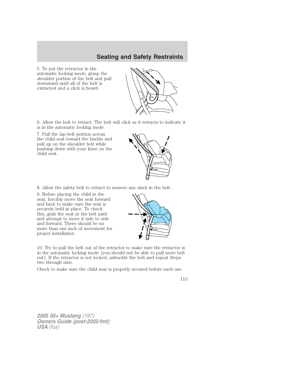 Seating and safety restraints | FORD 2005 Mustang v.2 User Manual | Page 113 / 248