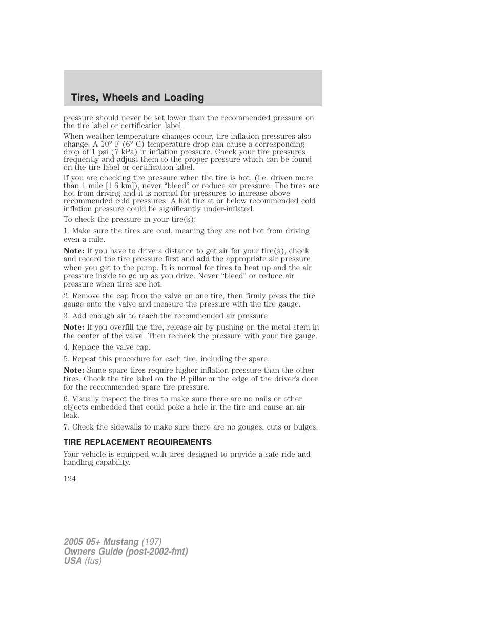 Tire replacement requirements, Tires, wheels and loading | FORD 2005 Mustang v.2 User Manual | Page 124 / 248
