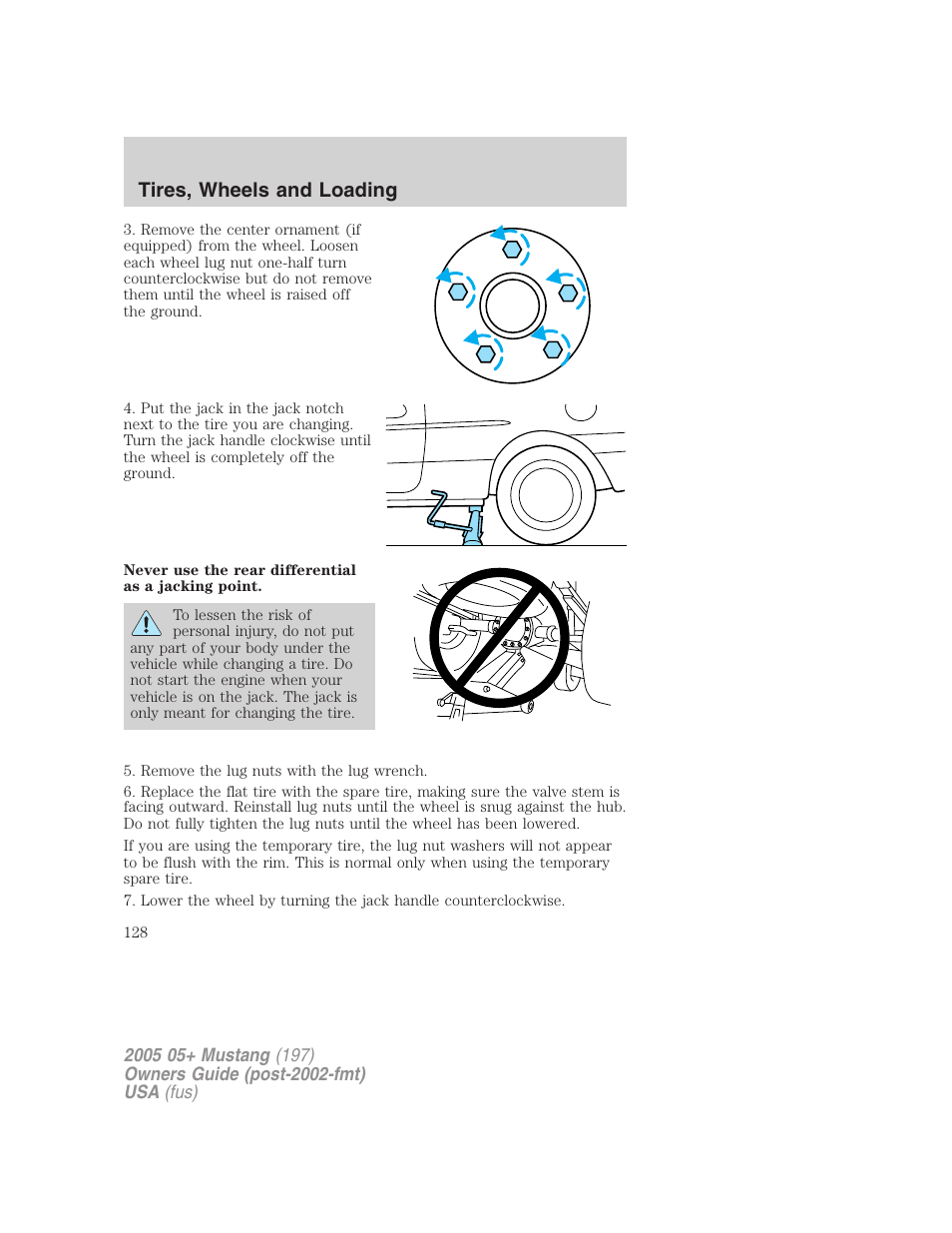 Tires, wheels and loading | FORD 2005 Mustang v.2 User Manual | Page 128 / 248