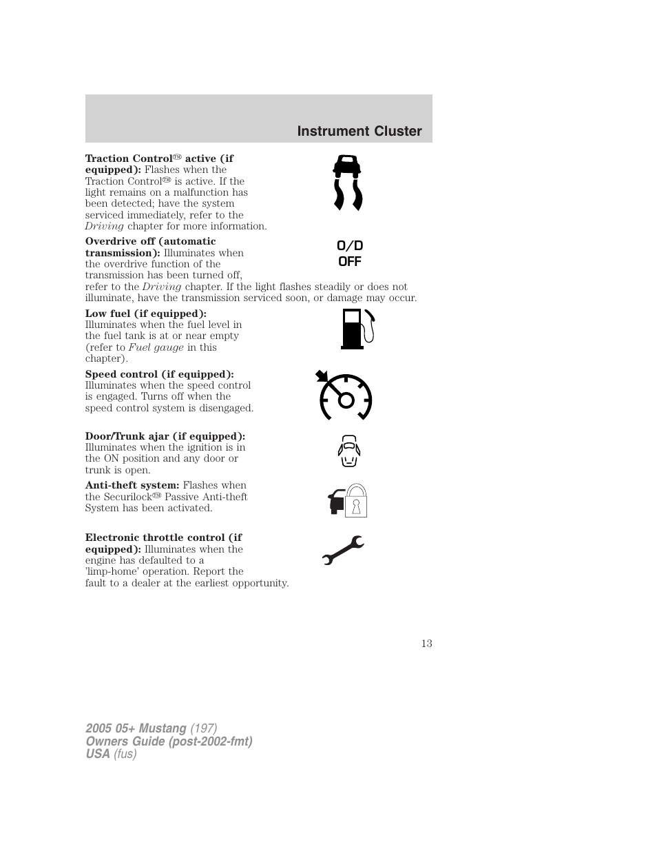 Instrument cluster | FORD 2005 Mustang v.2 User Manual | Page 13 / 248