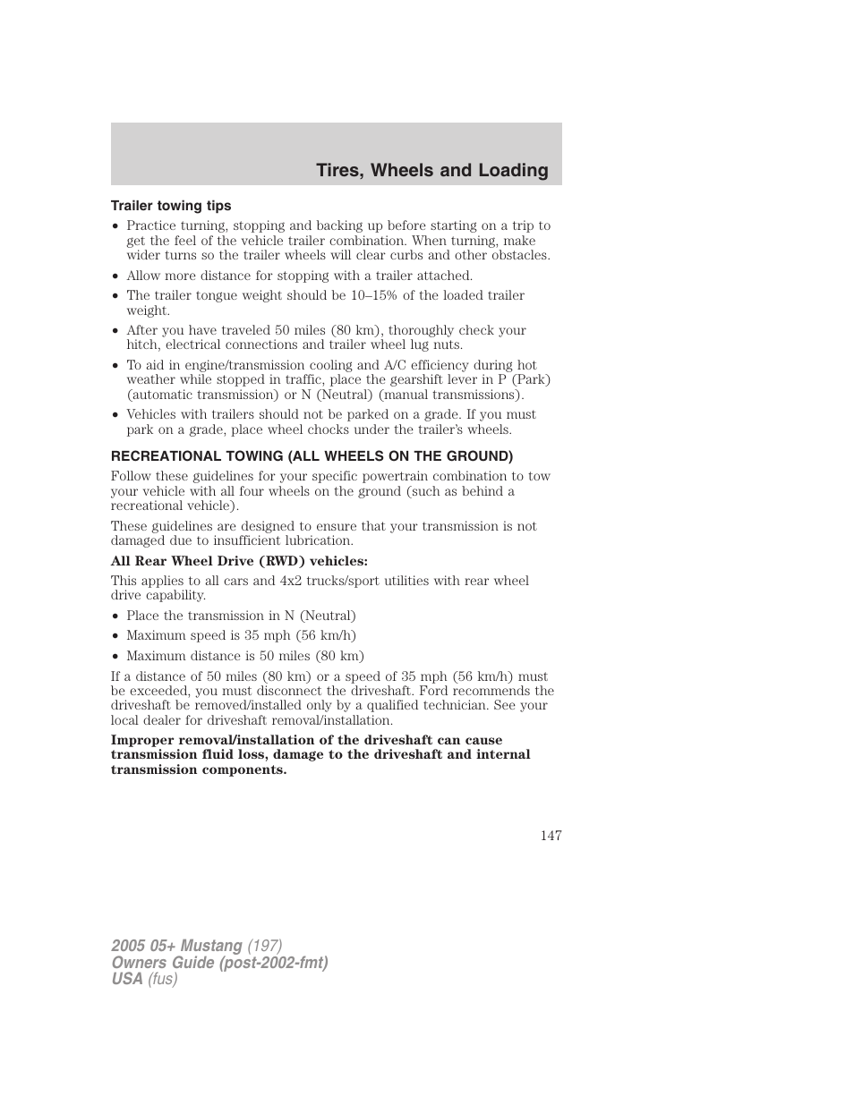 Trailer towing tips, Recreational towing (all wheels on the ground), Recreational towing | Tires, wheels and loading | FORD 2005 Mustang v.2 User Manual | Page 147 / 248