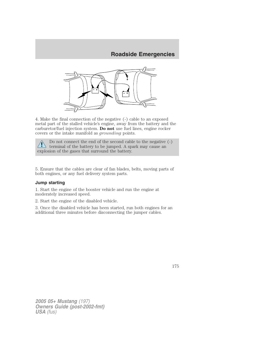 Jump starting, Roadside emergencies | FORD 2005 Mustang v.2 User Manual | Page 175 / 248