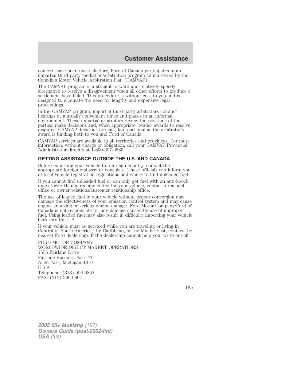 Getting assistance outside the u.s. and canada, Customer assistance | FORD 2005 Mustang v.2 User Manual | Page 185 / 248