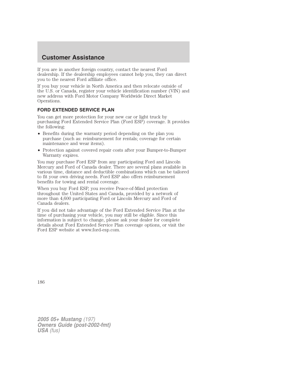 Ford extended service plan, Customer assistance | FORD 2005 Mustang v.2 User Manual | Page 186 / 248