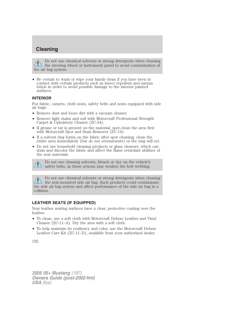 Interior, Leather seats (if equipped), Cleaning | FORD 2005 Mustang v.2 User Manual | Page 192 / 248