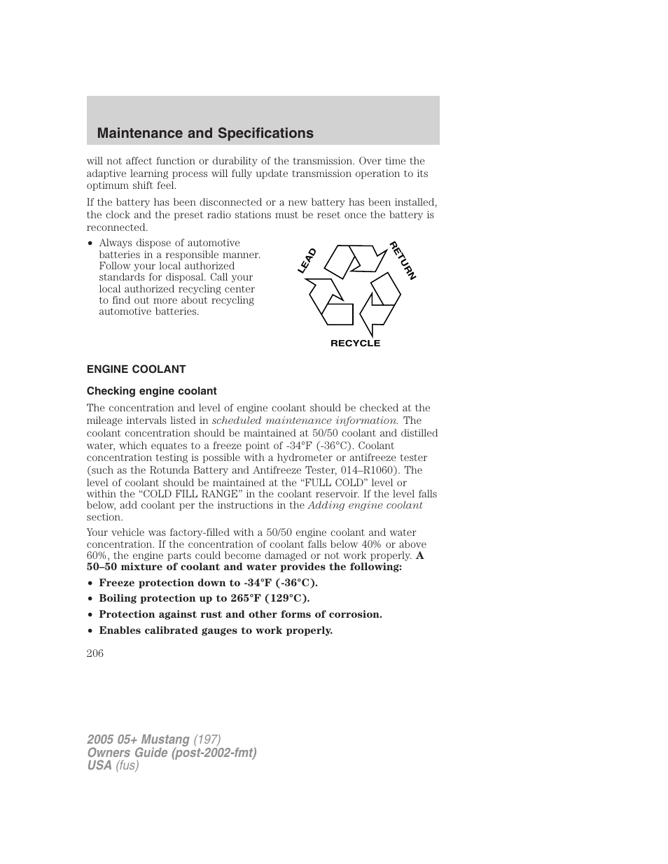 Engine coolant, Checking engine coolant, Maintenance and specifications | FORD 2005 Mustang v.2 User Manual | Page 206 / 248