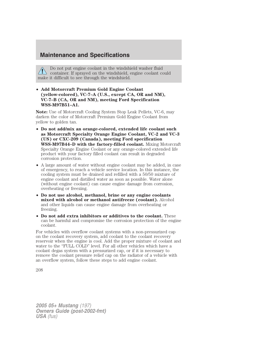 Maintenance and specifications | FORD 2005 Mustang v.2 User Manual | Page 208 / 248