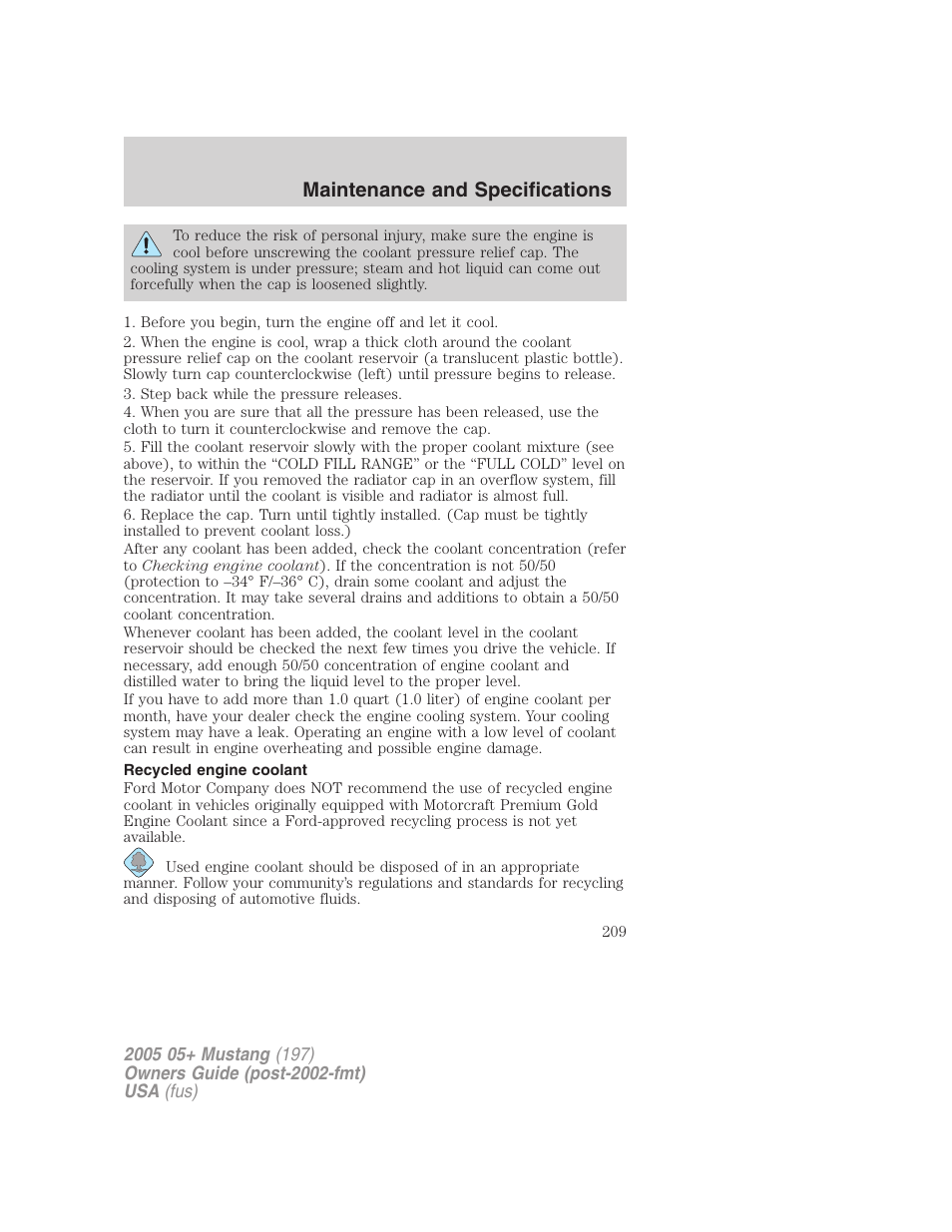 Recycled engine coolant, Maintenance and specifications | FORD 2005 Mustang v.2 User Manual | Page 209 / 248