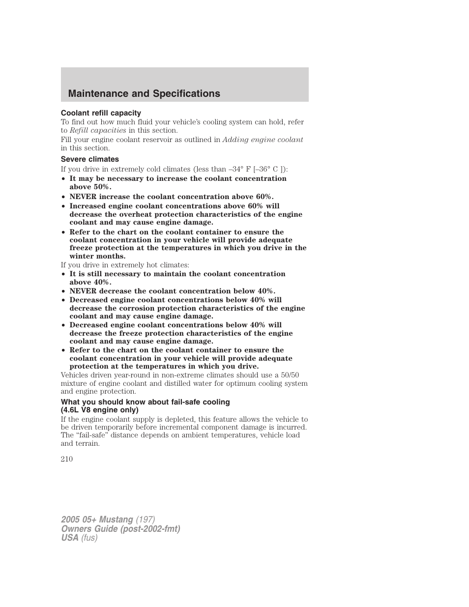 Coolant refill capacity, Severe climates, Maintenance and specifications | FORD 2005 Mustang v.2 User Manual | Page 210 / 248