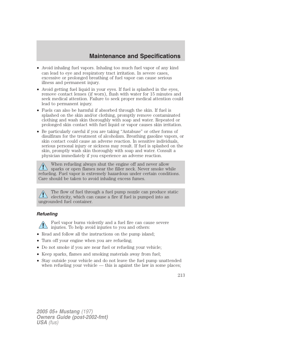 Refueling, Maintenance and specifications | FORD 2005 Mustang v.2 User Manual | Page 213 / 248