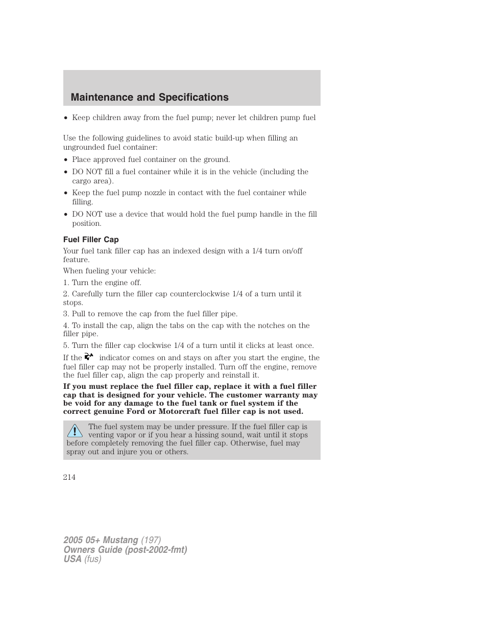 Fuel filler cap, Maintenance and specifications | FORD 2005 Mustang v.2 User Manual | Page 214 / 248