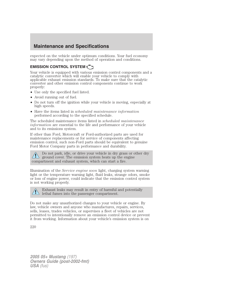 Emission control system, Maintenance and specifications | FORD 2005 Mustang v.2 User Manual | Page 220 / 248