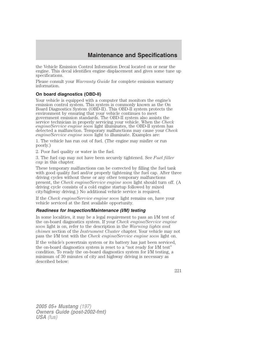 On board diagnostics (obd-ii), Readiness for inspection/maintenance (i/m) testing, Maintenance and specifications | FORD 2005 Mustang v.2 User Manual | Page 221 / 248