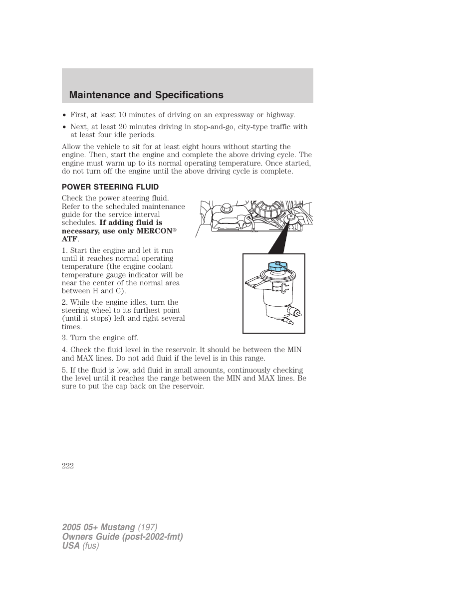 Power steering fluid, Maintenance and specifications | FORD 2005 Mustang v.2 User Manual | Page 222 / 248