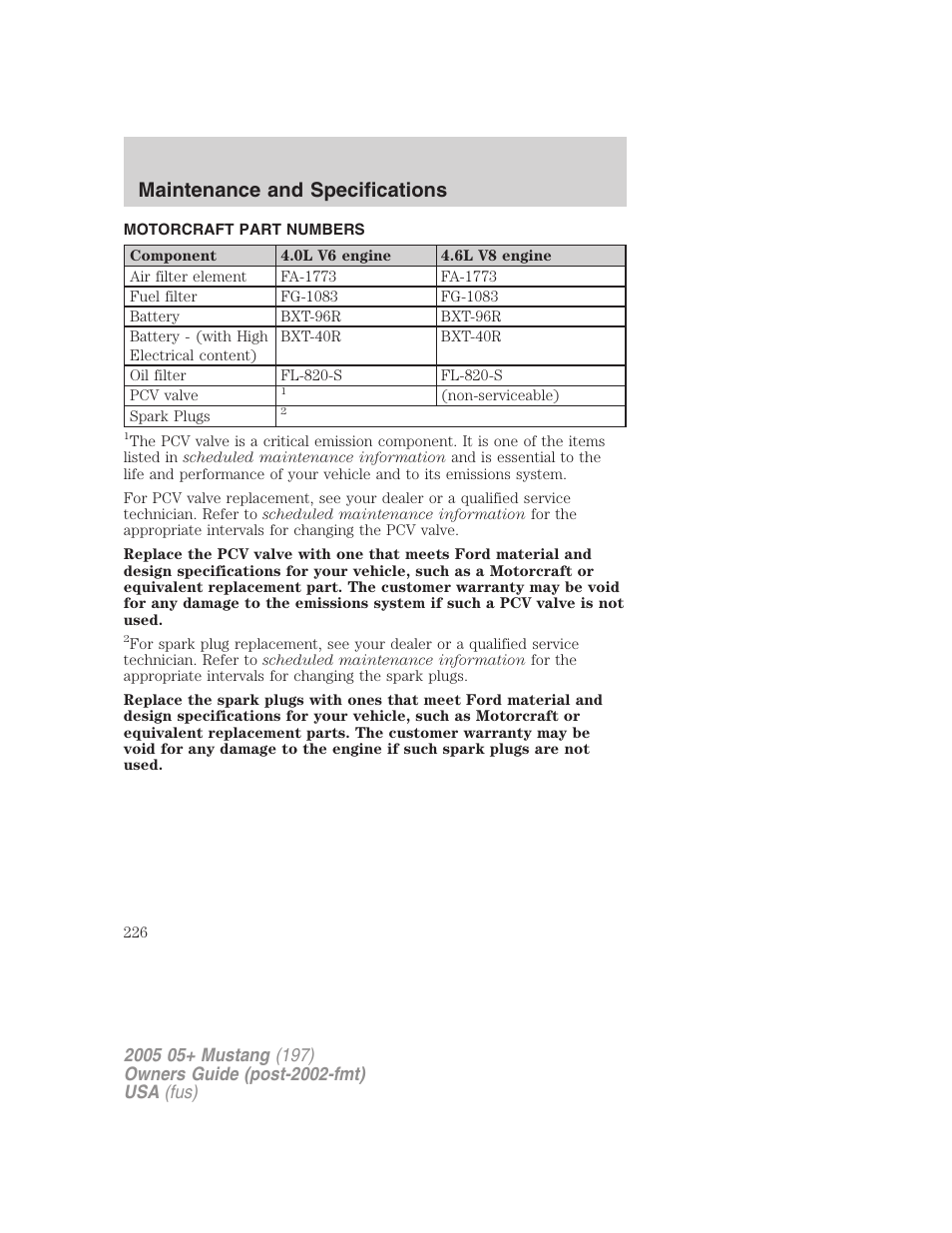 Motorcraft part numbers, Part numbers, Maintenance and specifications | FORD 2005 Mustang v.2 User Manual | Page 226 / 248