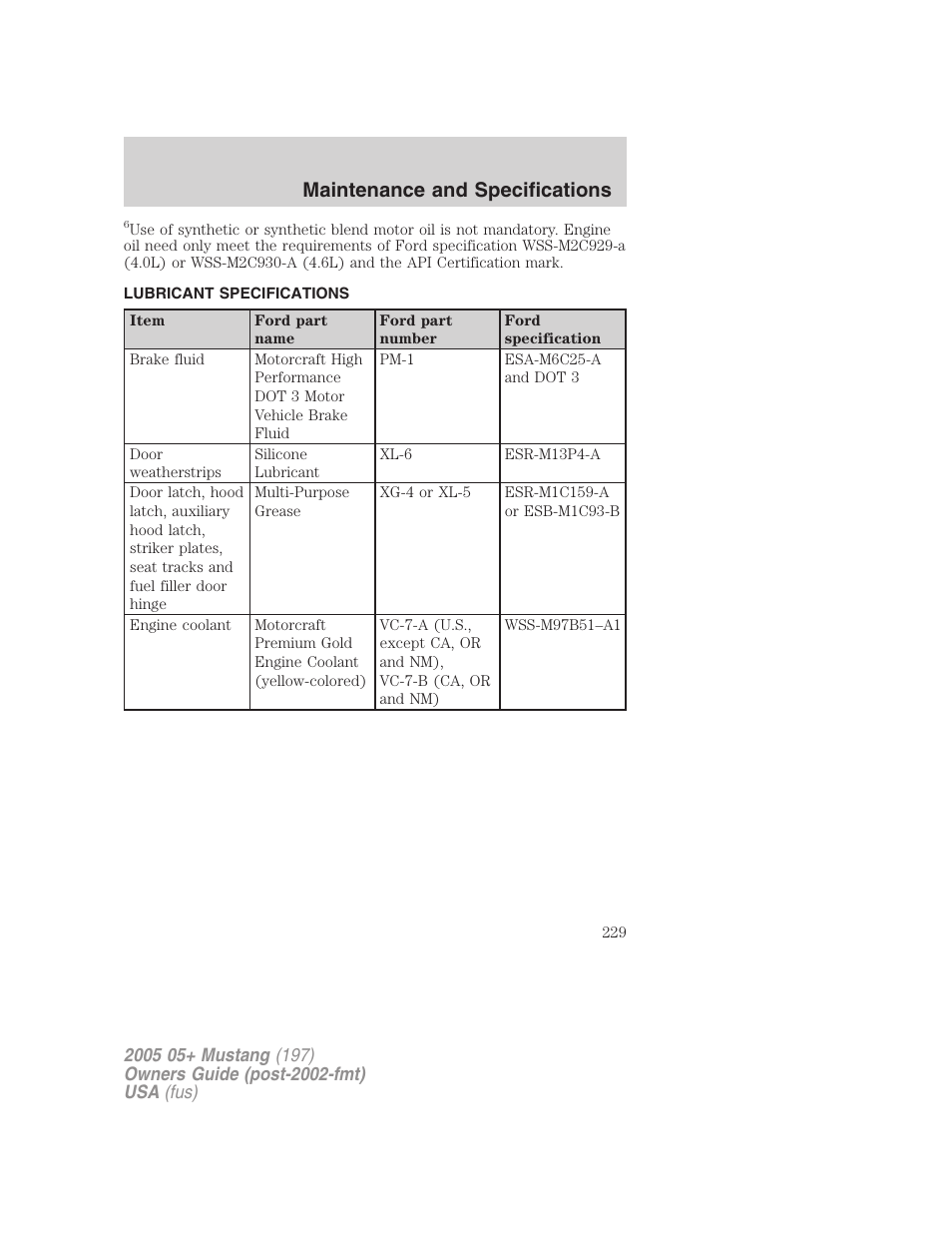 Lubricant specifications, Maintenance and specifications | FORD 2005 Mustang v.2 User Manual | Page 229 / 248