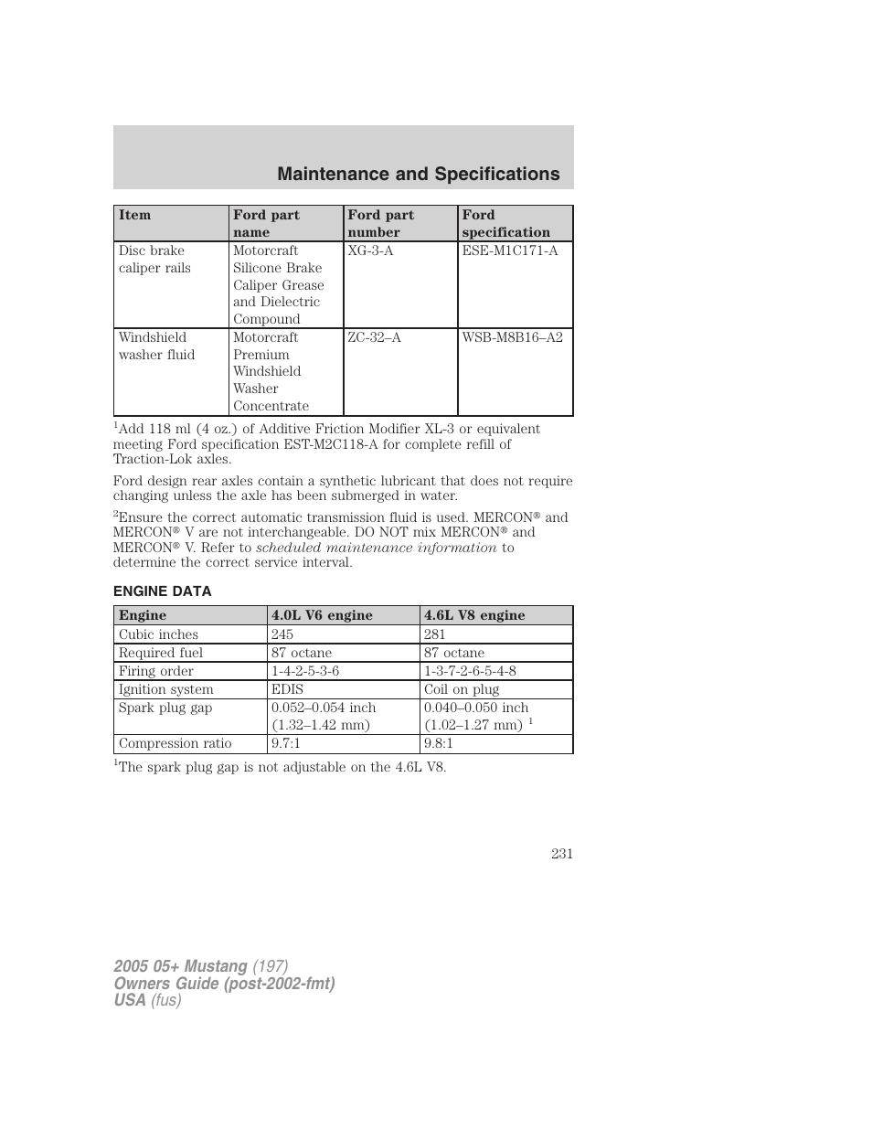 Engine data, Maintenance and specifications | FORD 2005 Mustang v.2 User Manual | Page 231 / 248