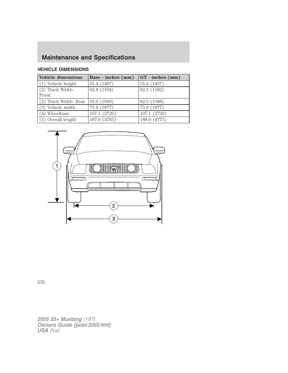 Vehicle dimensions, Maintenance and specifications | FORD 2005 Mustang v.2 User Manual | Page 232 / 248