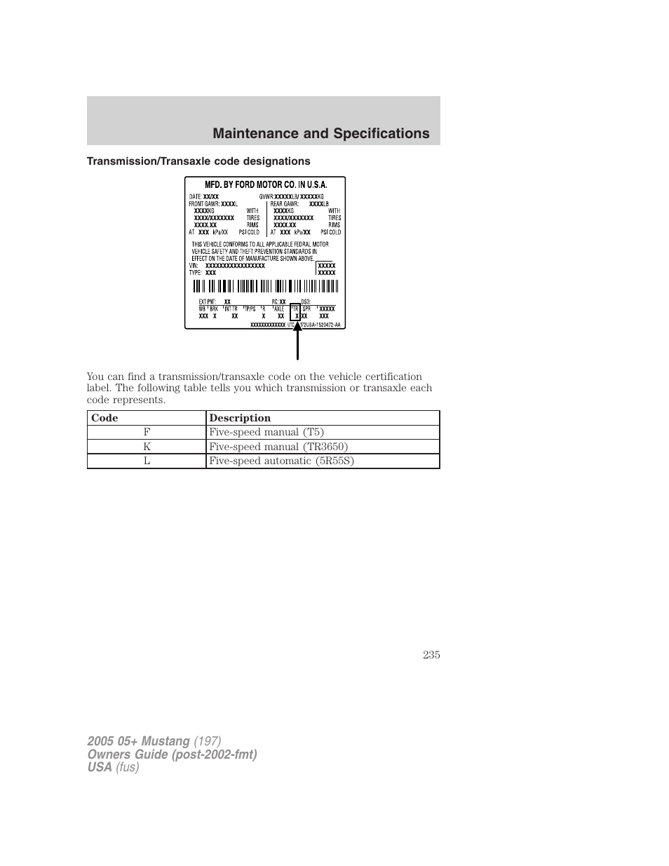 Transmission/transaxle code designations, Maintenance and specifications | FORD 2005 Mustang v.2 User Manual | Page 235 / 248
