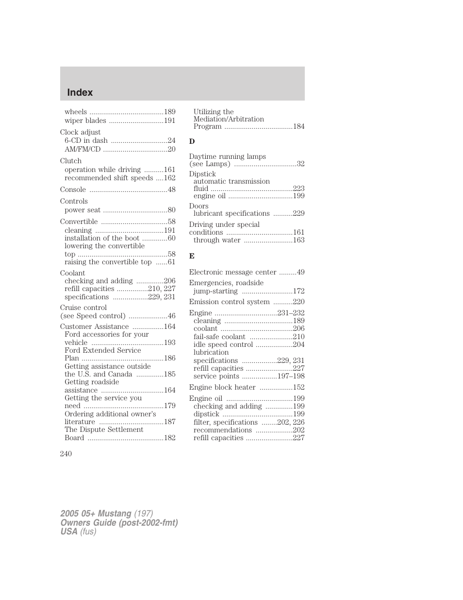 Index | FORD 2005 Mustang v.2 User Manual | Page 240 / 248