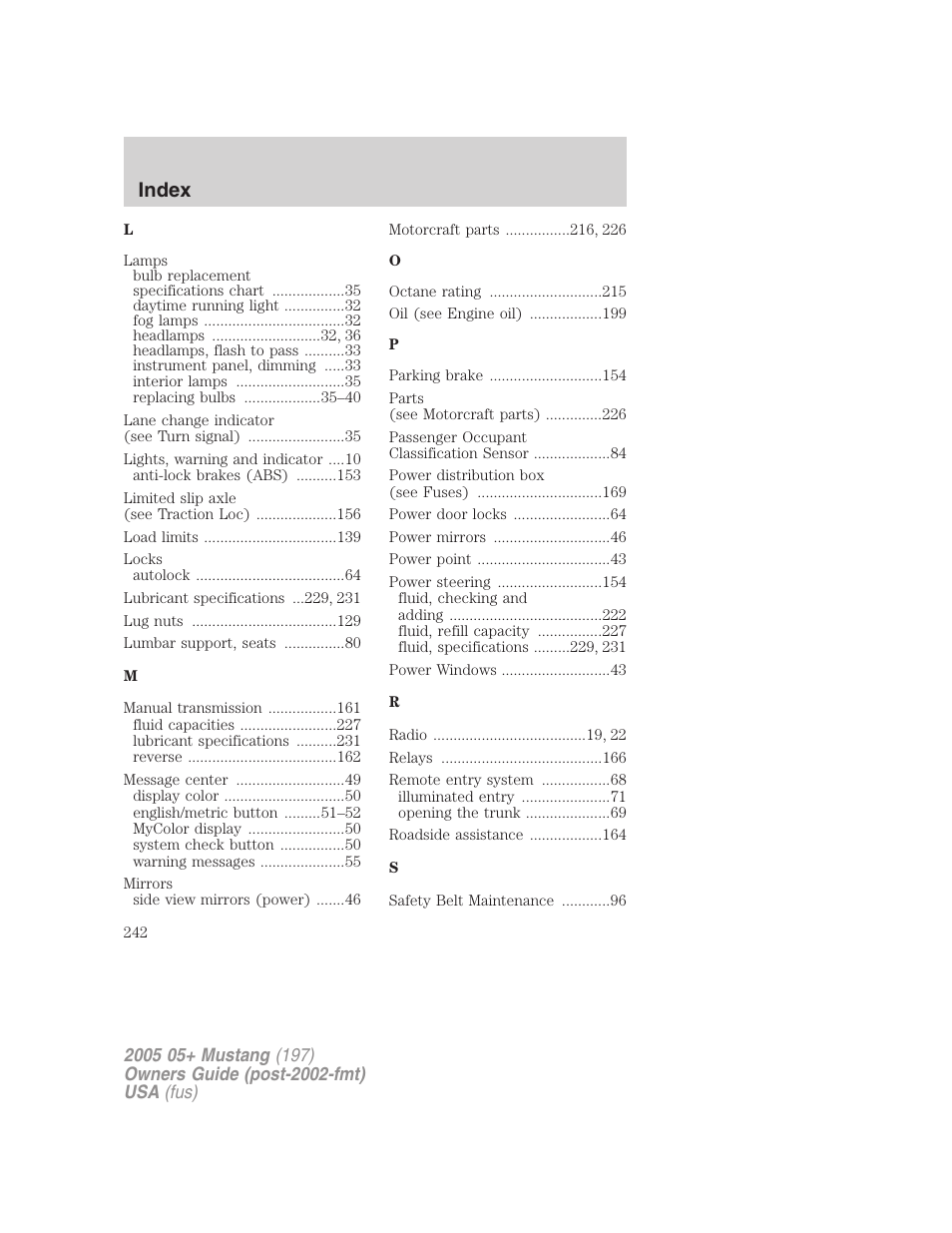 Index | FORD 2005 Mustang v.2 User Manual | Page 242 / 248