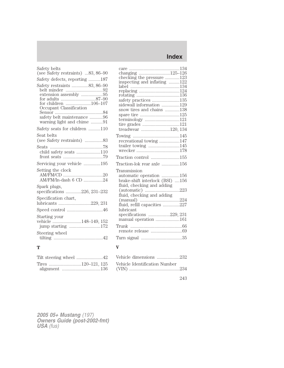 Index | FORD 2005 Mustang v.2 User Manual | Page 243 / 248