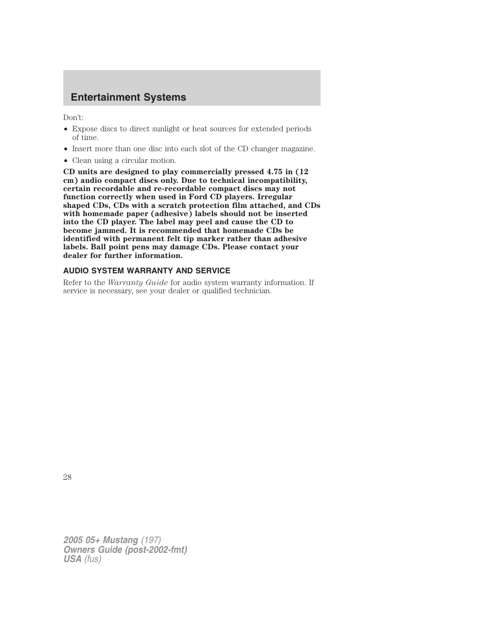 Audio system warranty and service, Entertainment systems | FORD 2005 Mustang v.2 User Manual | Page 28 / 248