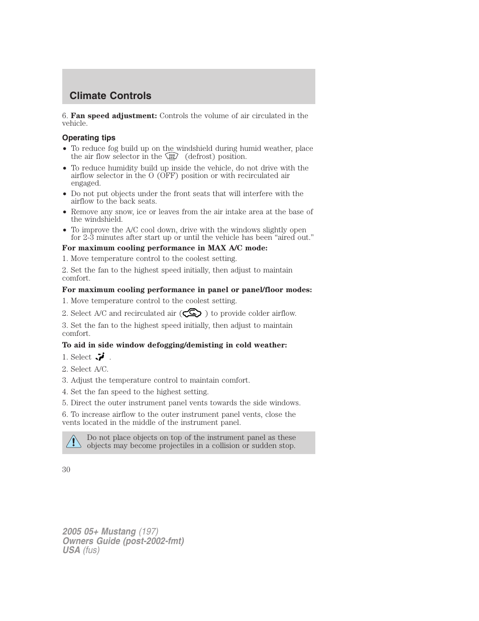 Operating tips, Climate controls | FORD 2005 Mustang v.2 User Manual | Page 30 / 248